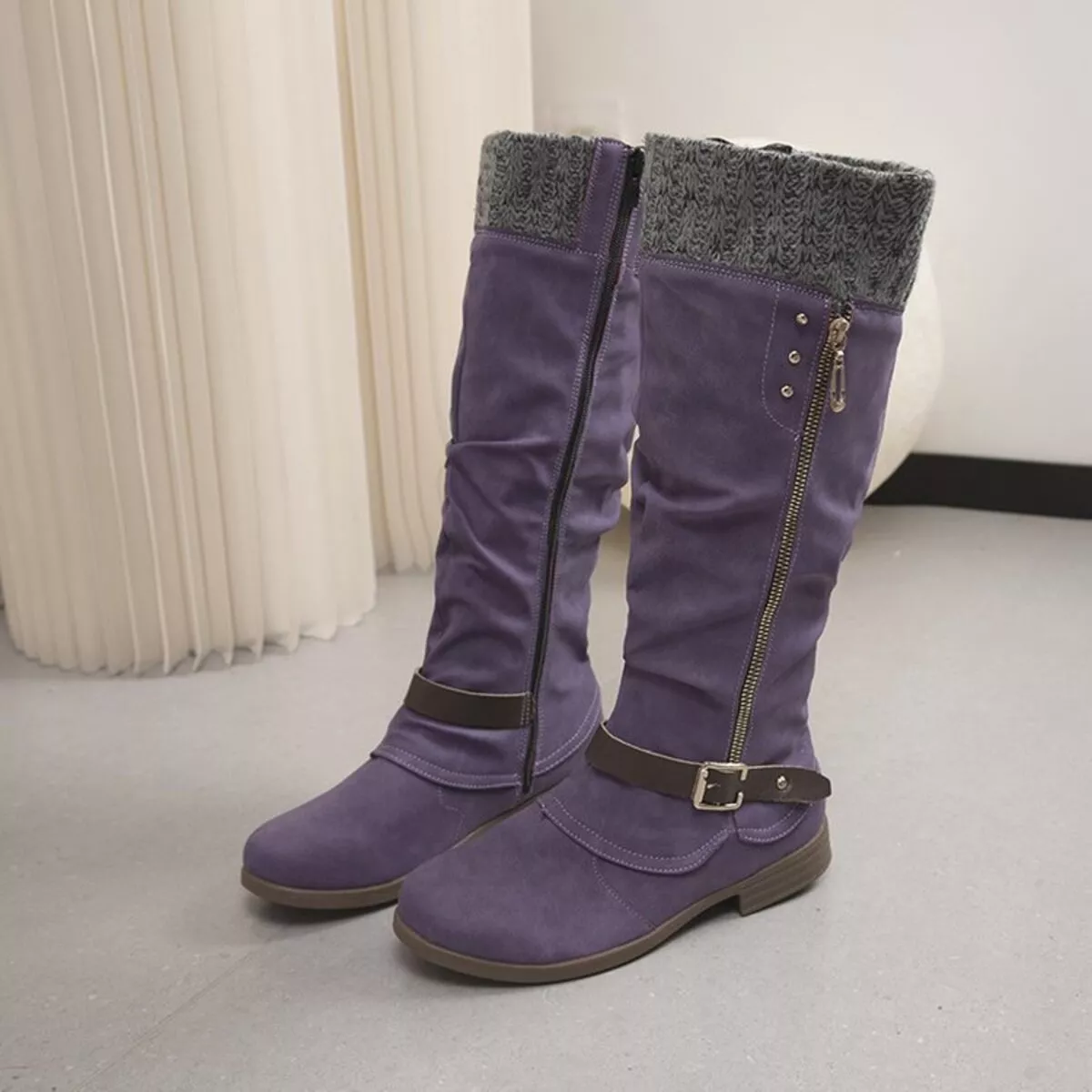 Knee High Slouch Boots with Knit Cuff - Image 13