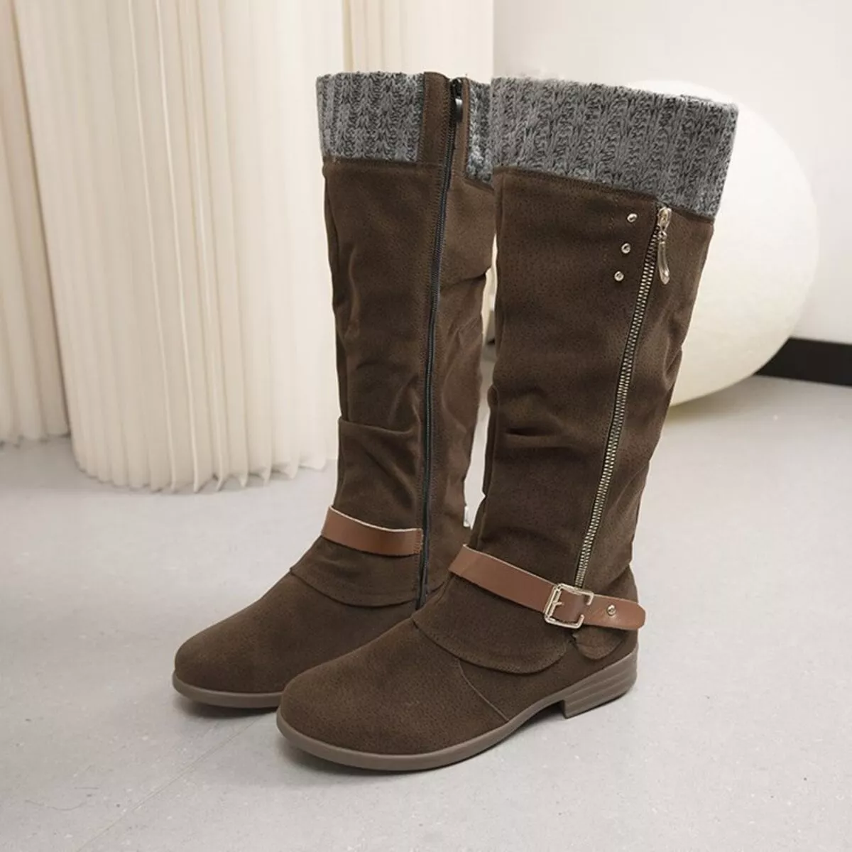 Knee High Slouch Boots with Knit Cuff - Image 15
