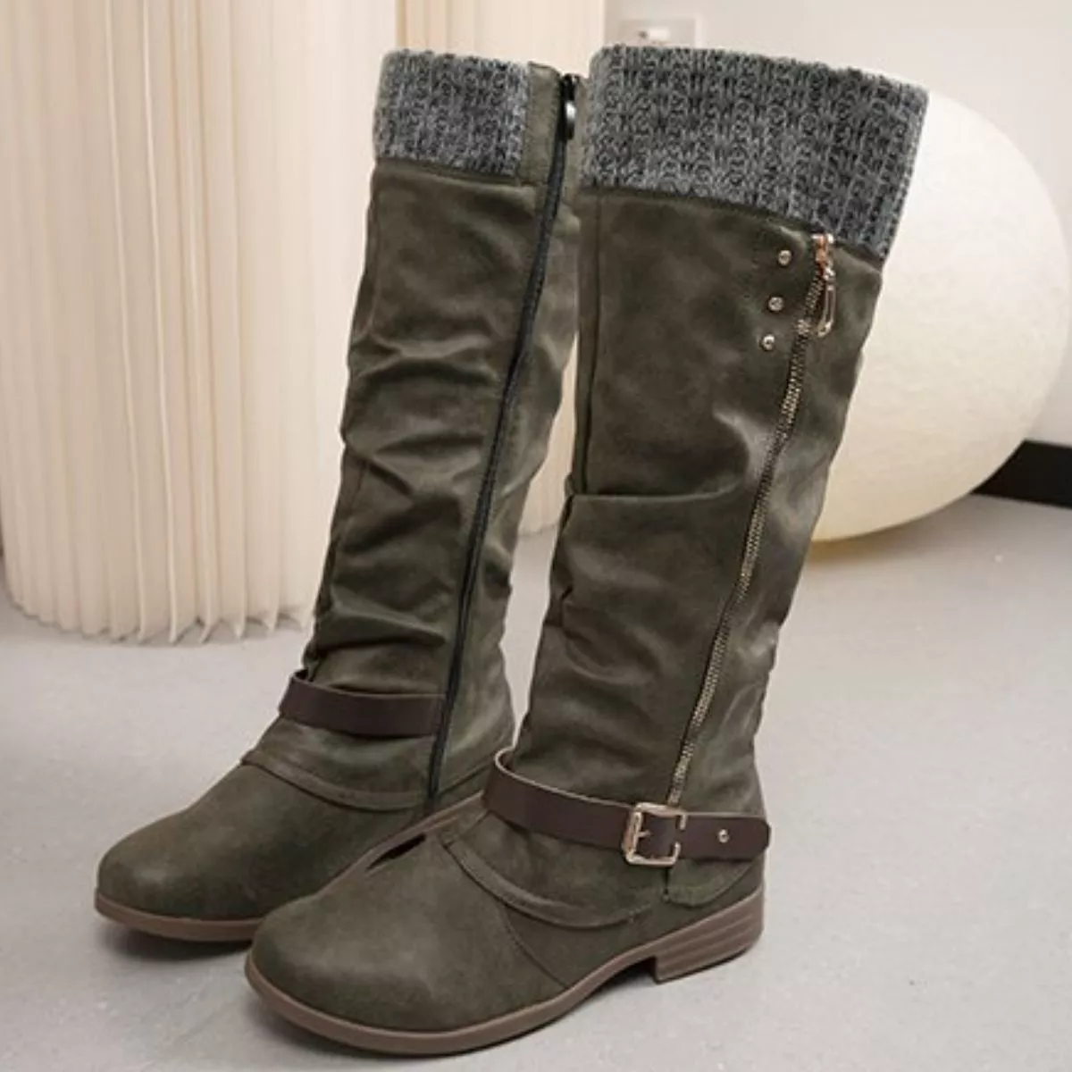 Knee High Slouch Boots with Knit Cuff - Image 4