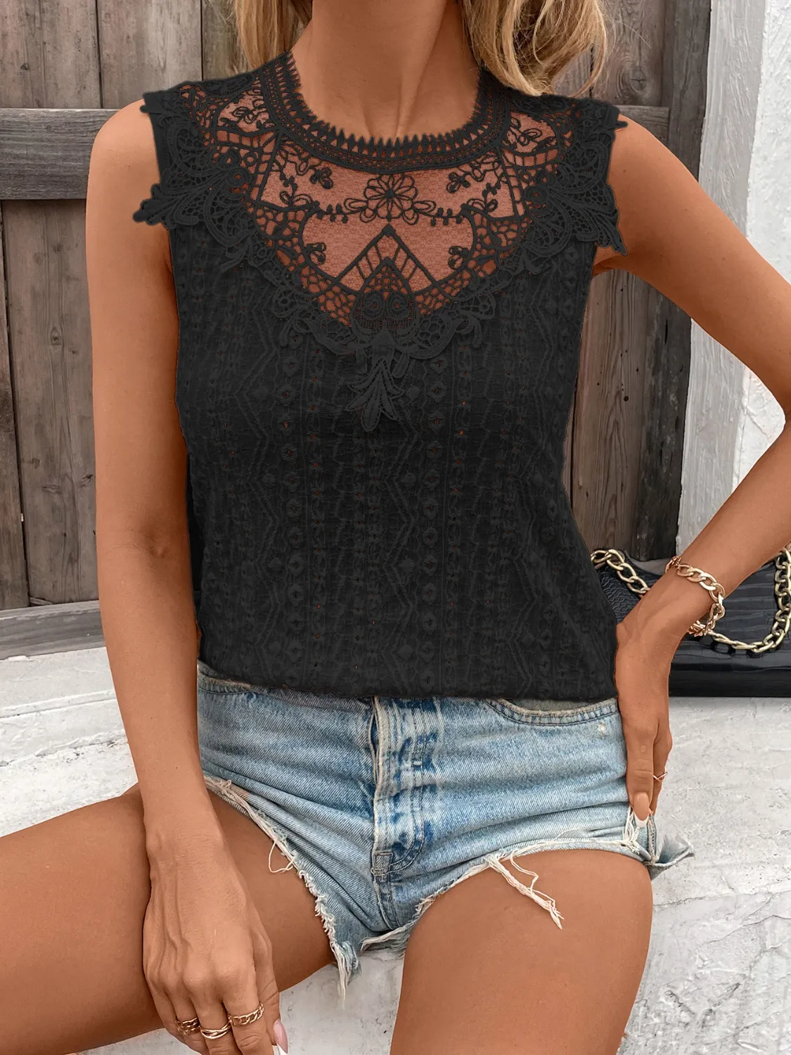 Lace Detail Eyelet Round Neck Tank - Image 9