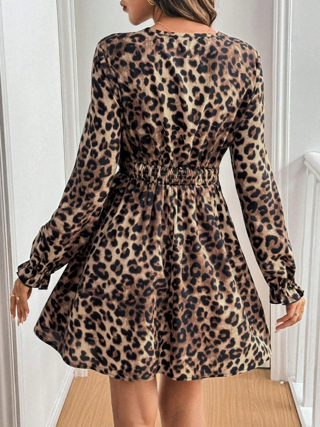 Lace Detail Leopard Flounce Sleeve Mini Dress - Image 3
