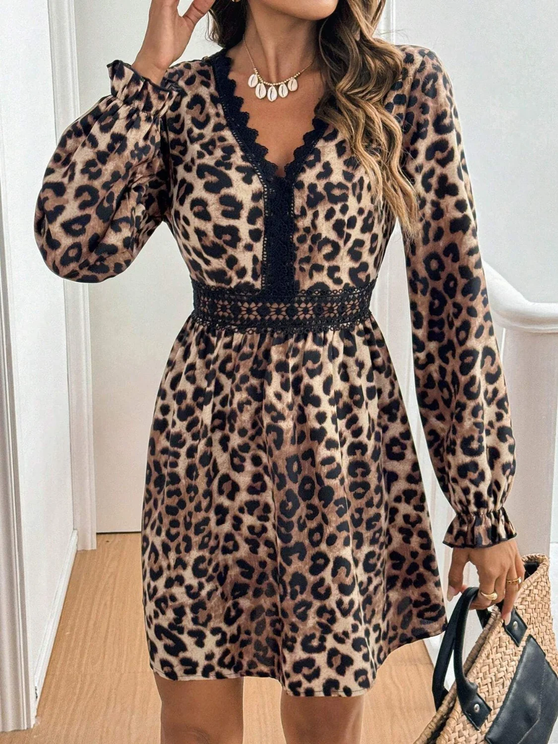 Lace Detail Leopard Flounce Sleeve Mini Dress - Image 6