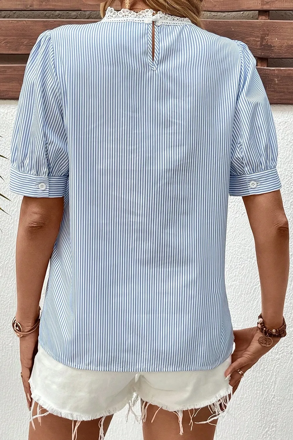 Lace Detail Striped Round Neck Half Sleeve Blouse - Image 2
