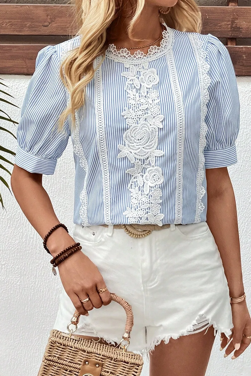 Lace Detail Striped Round Neck Half Sleeve Blouse - Image 5
