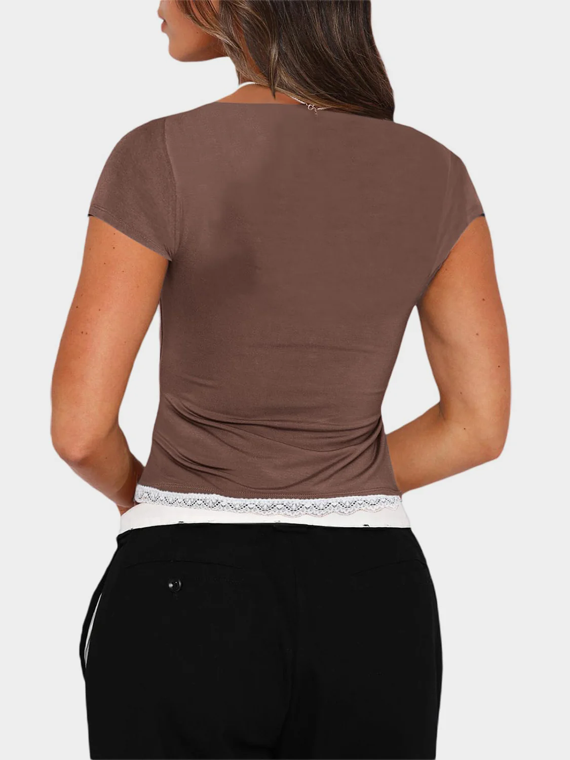 Lace Detail Sweetheart Neck Short Sleeve T-Shirt - Image 15