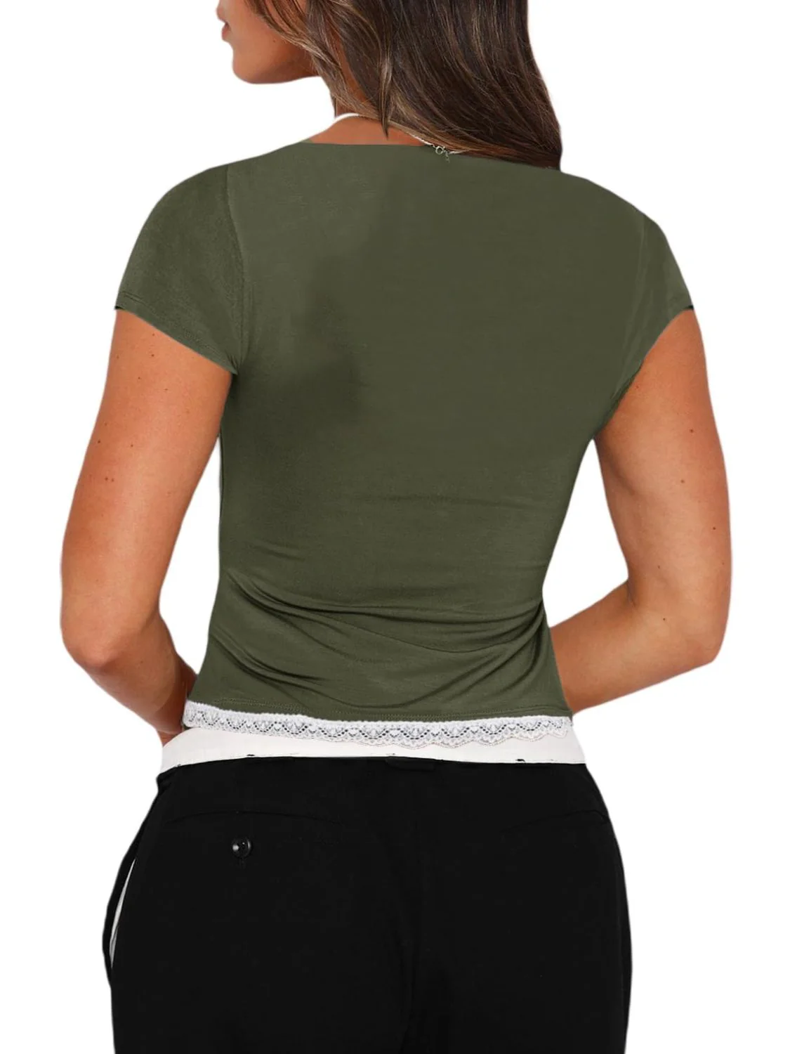 Lace Detail Sweetheart Neck Short Sleeve T-Shirt - Image 18