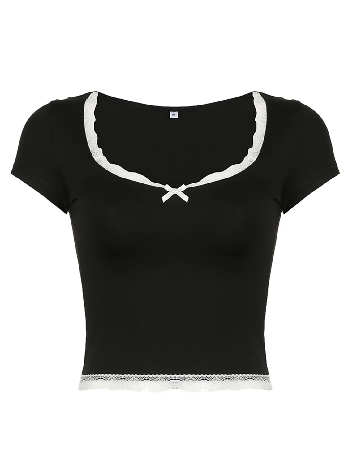 Lace Detail Sweetheart Neck Short Sleeve T-Shirt - Image 2