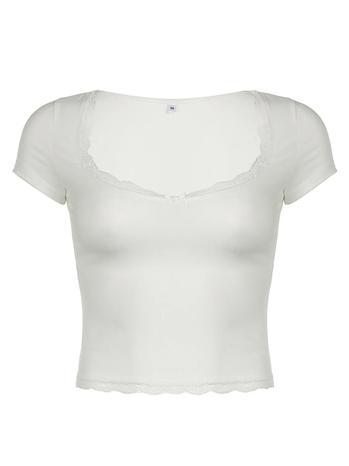 Lace Detail Sweetheart Neck Short Sleeve T-Shirt - Image 5