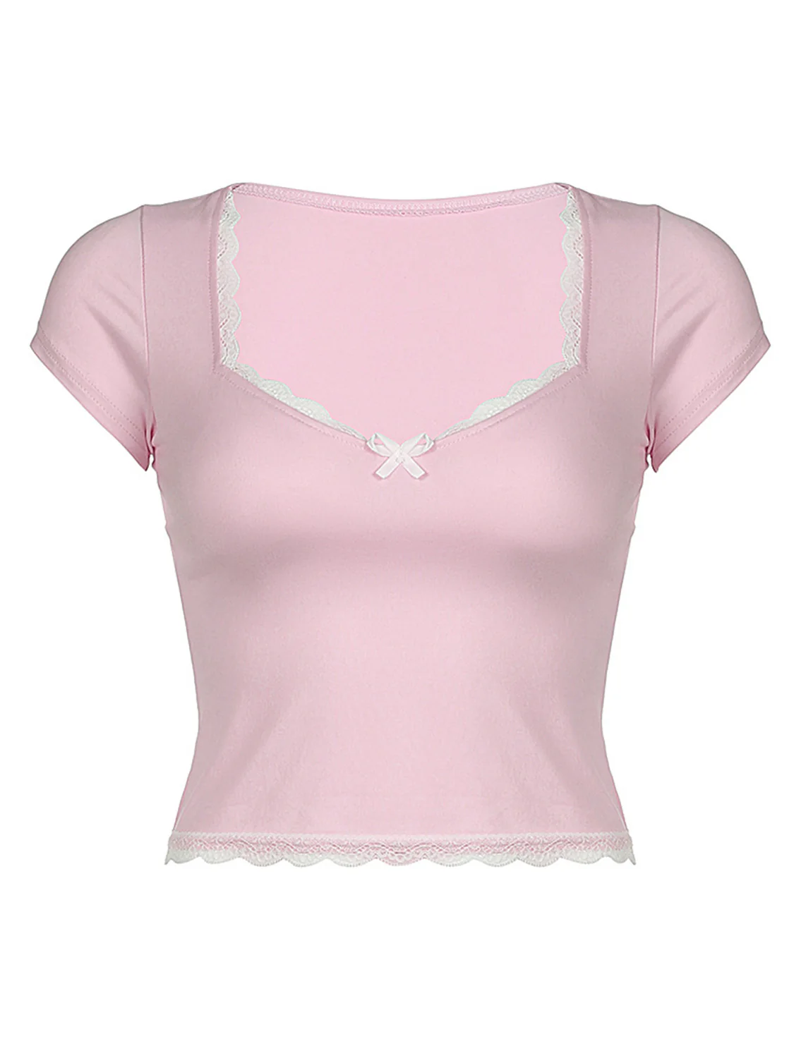 Lace Detail Sweetheart Neck Short Sleeve T-Shirt - Image 9