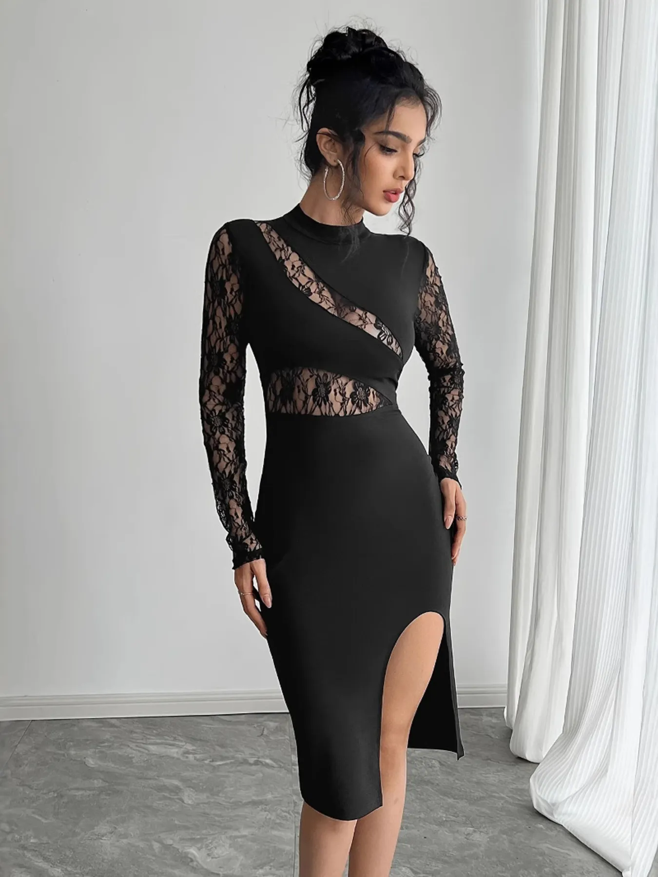 Lace Mock Neck Slit Dress - Image 3