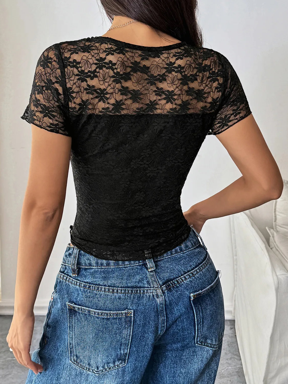 Lace Round Neck Short Sleeve Top - Image 5