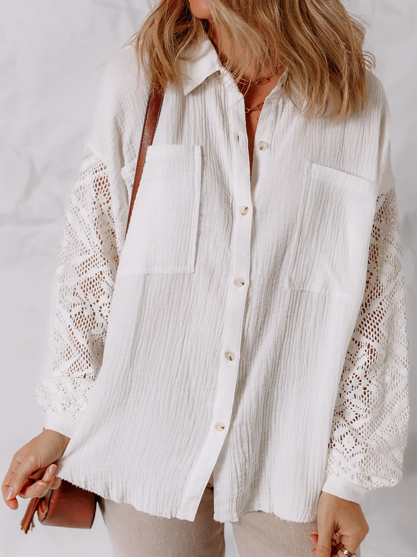 Lace Sleeve Button Down Shirt - Image 4