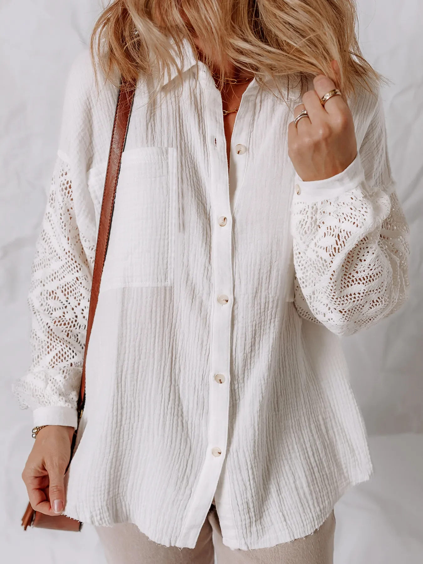 Lace Sleeve Button Down Shirt - Image 6