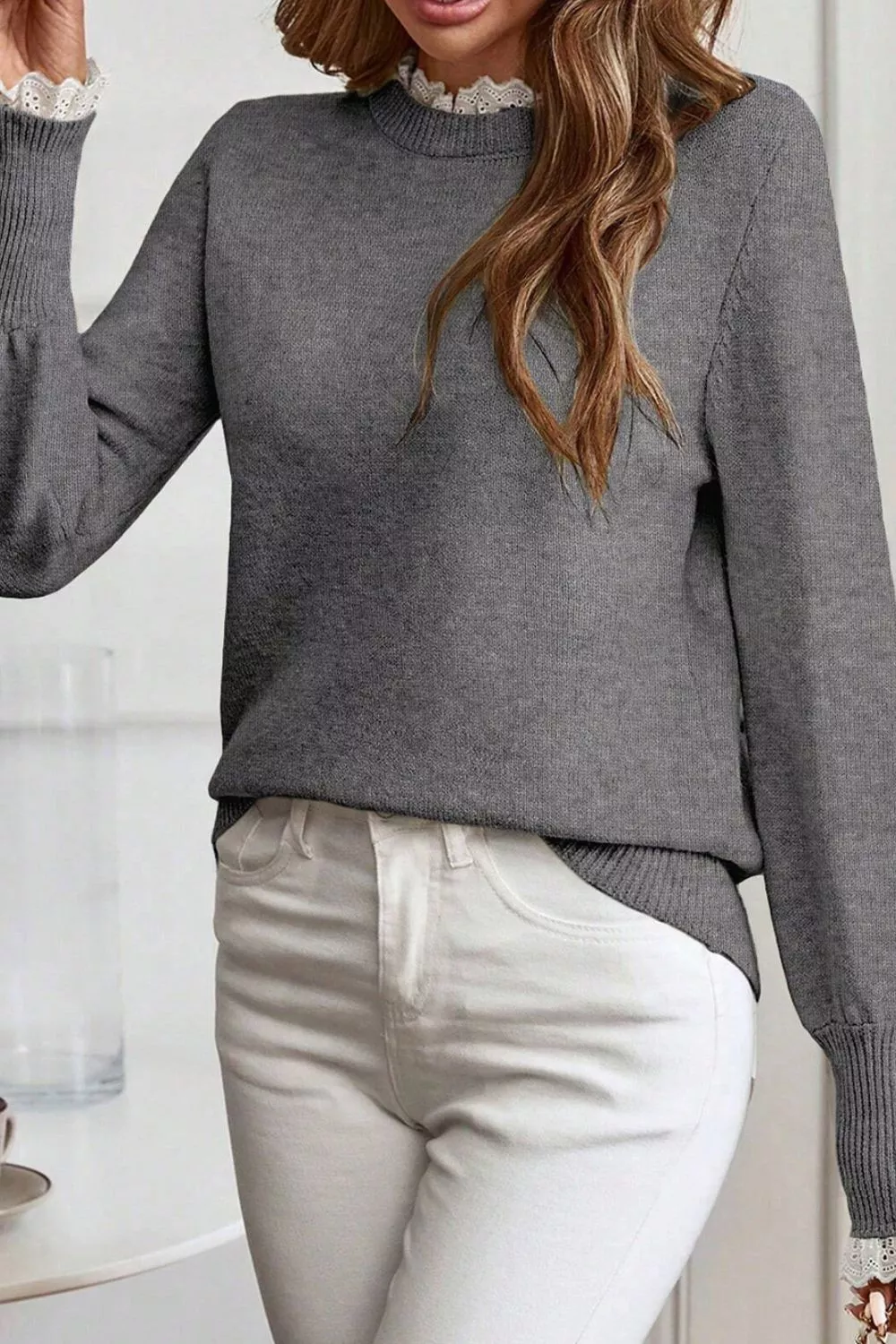 Lace Trim Mock Neck Sweater - Image 2