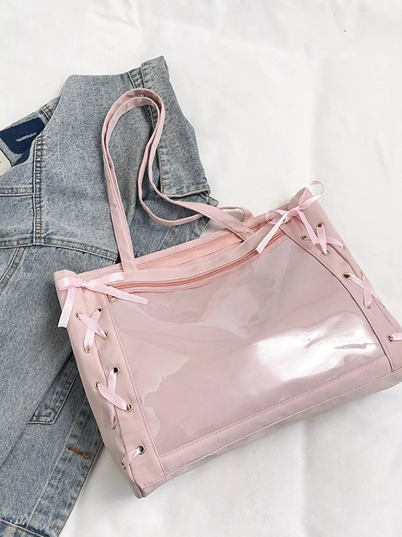 Lace-Up Trim Clear Panel Shoulder Bag - Image 10
