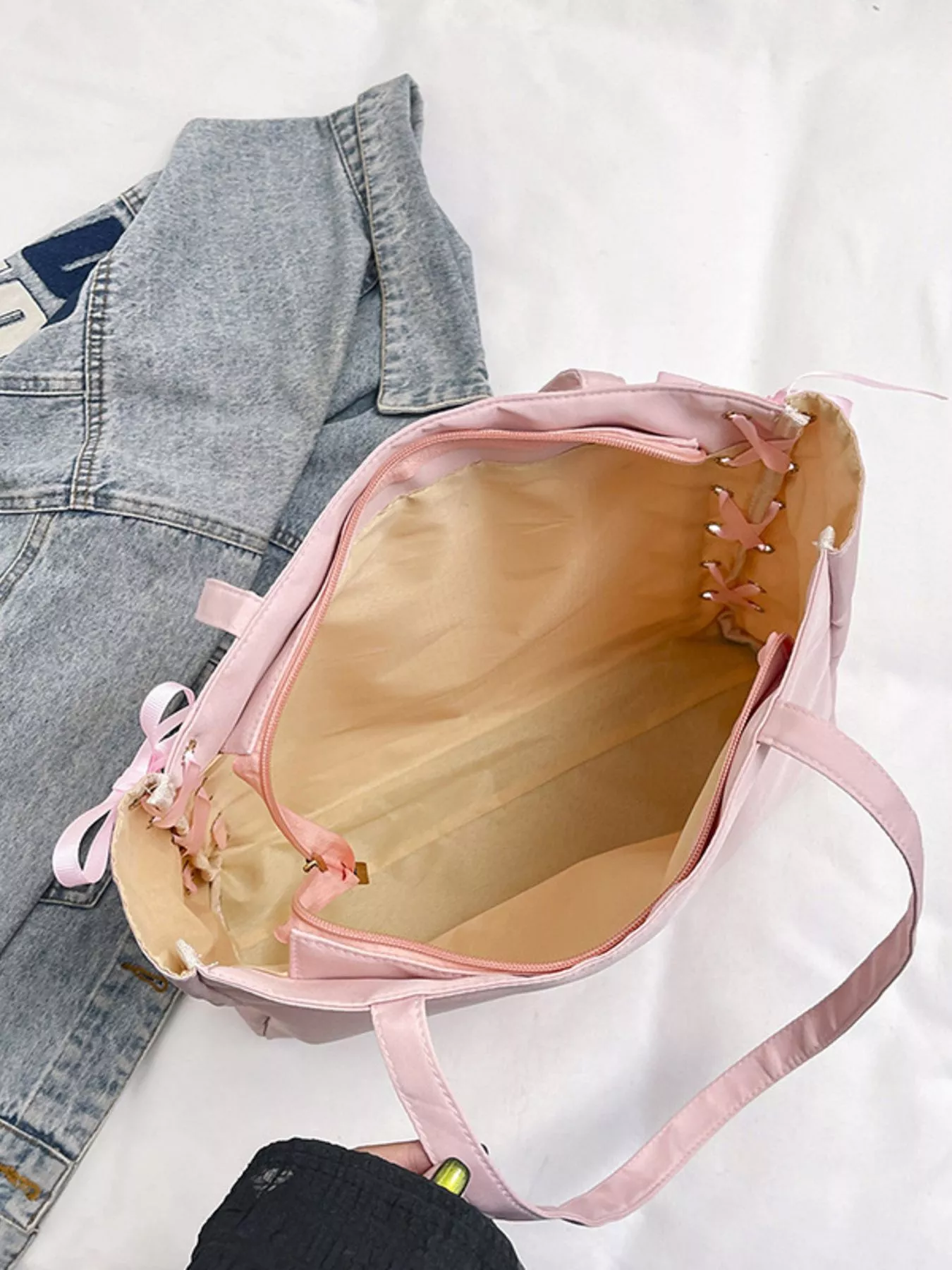 Lace-Up Trim Clear Panel Shoulder Bag - Image 12