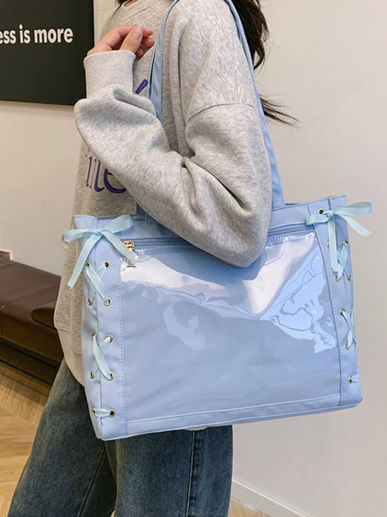 Lace-Up Trim Clear Panel Shoulder Bag - Image 14