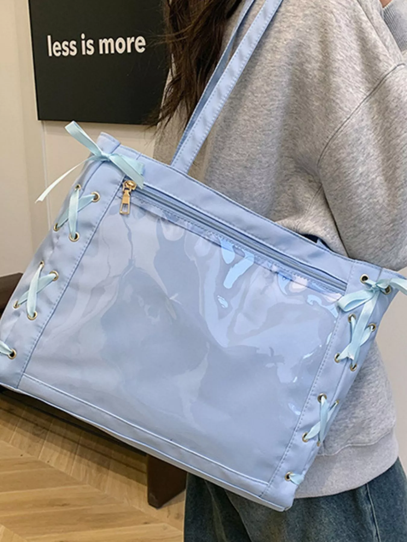 Lace-Up Trim Clear Panel Shoulder Bag - Image 15