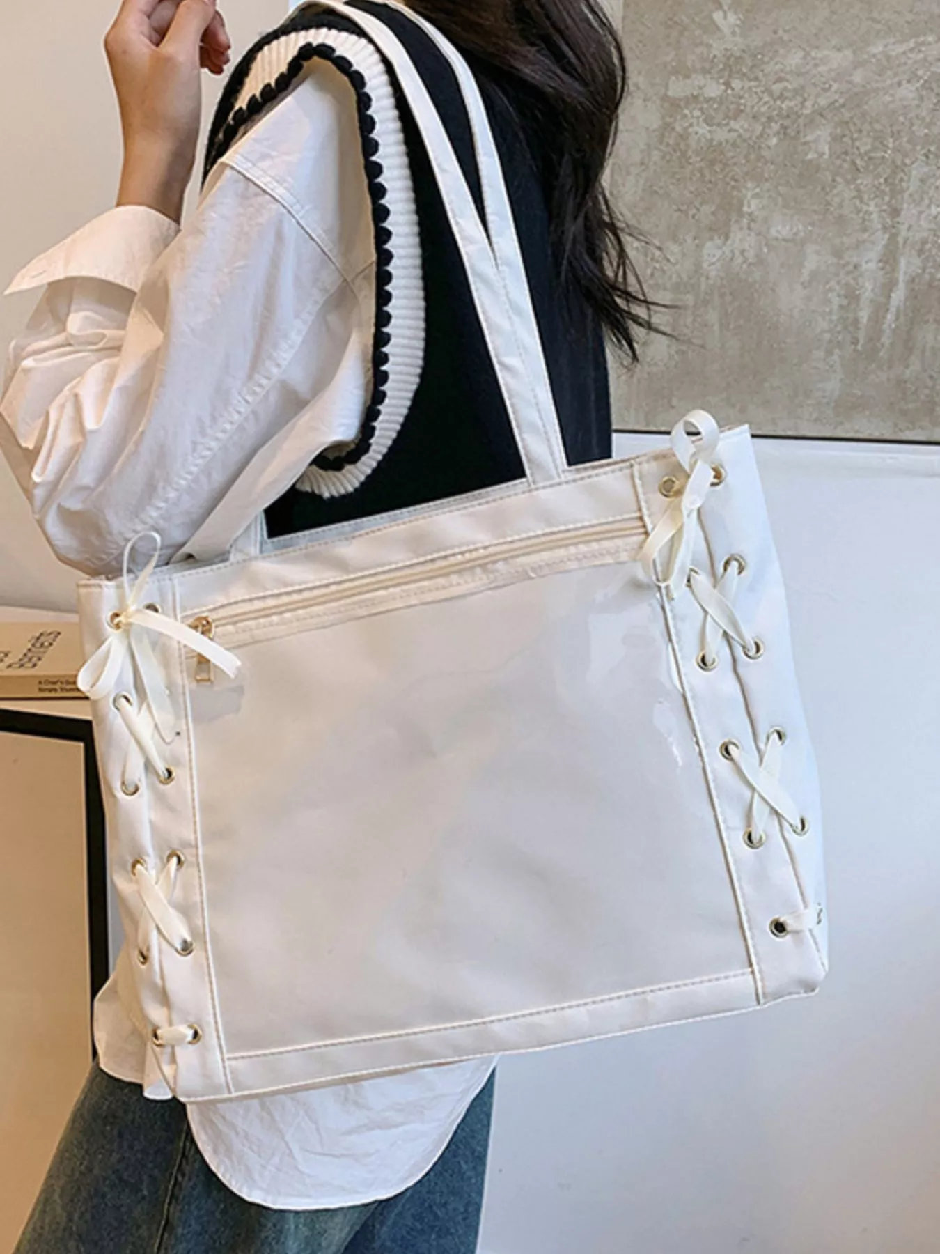 Lace-Up Trim Clear Panel Shoulder Bag - Image 17