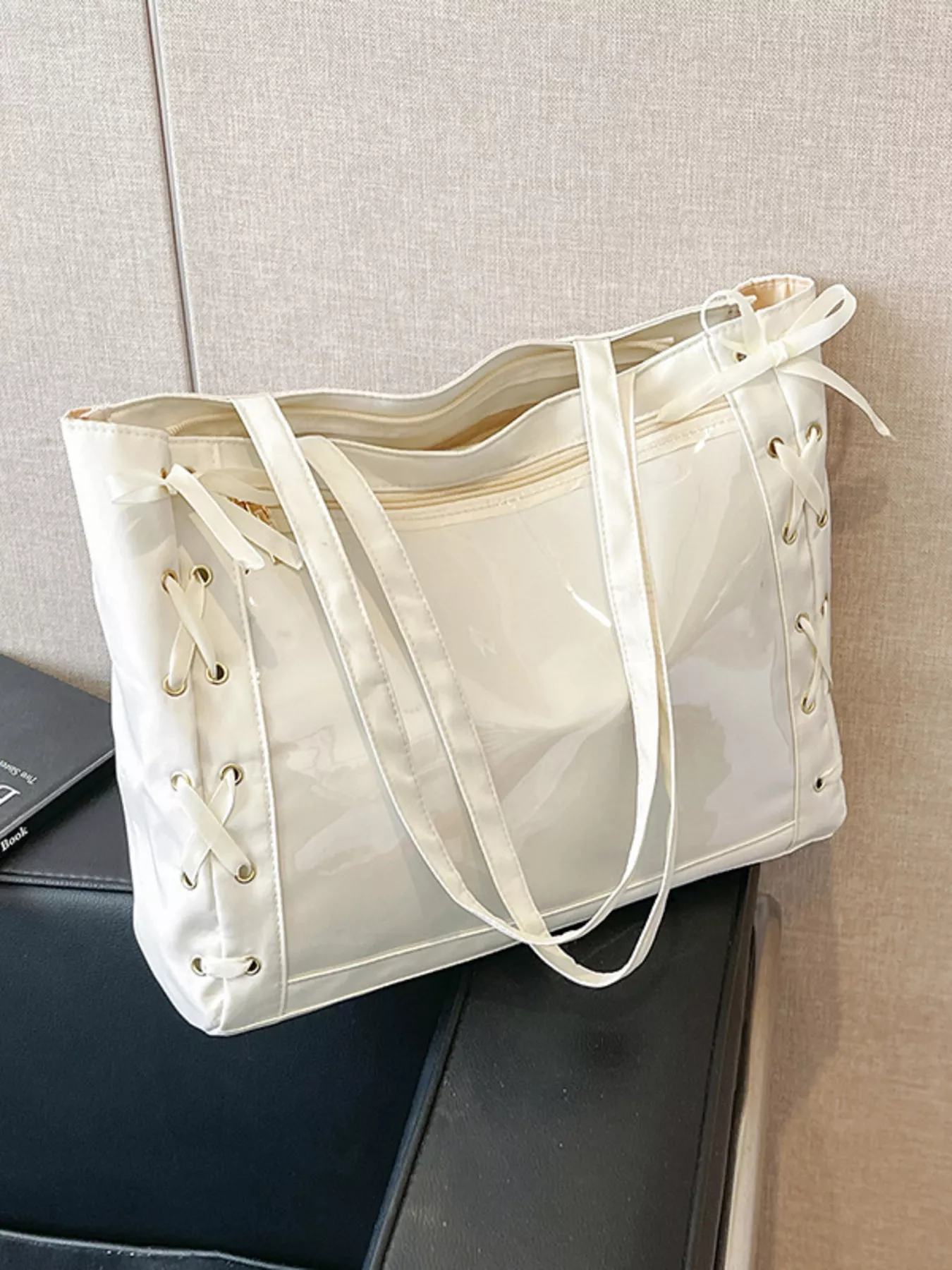 Lace-Up Trim Clear Panel Shoulder Bag - Image 19