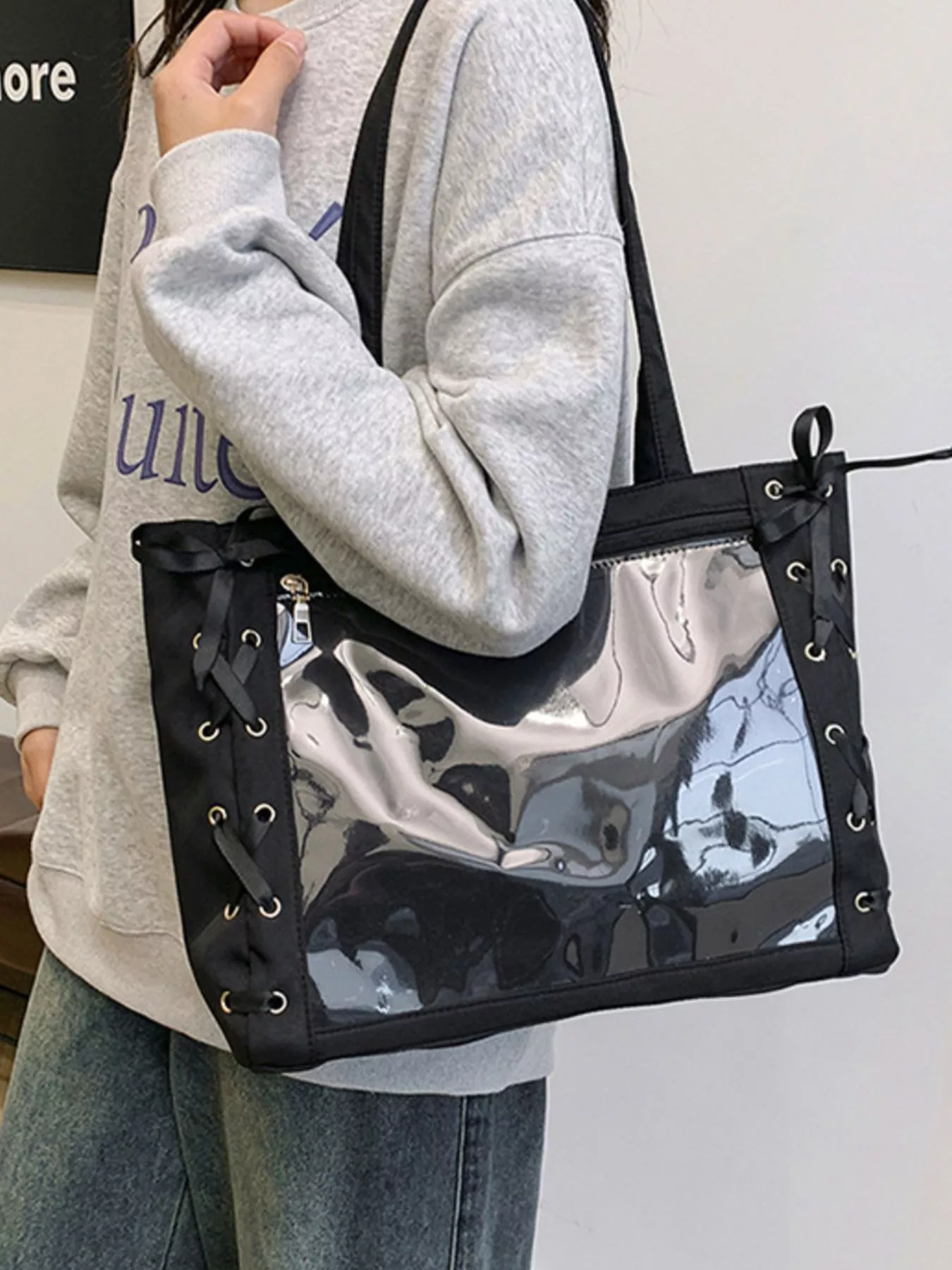Lace-Up Trim Clear Panel Shoulder Bag - Image 2