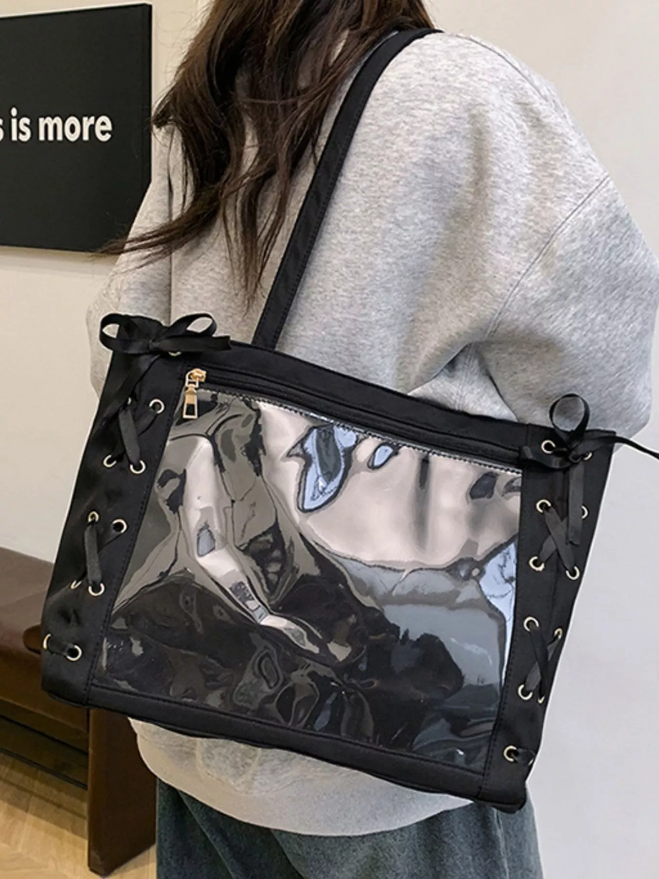 Lace-Up Trim Clear Panel Shoulder Bag - Image 3