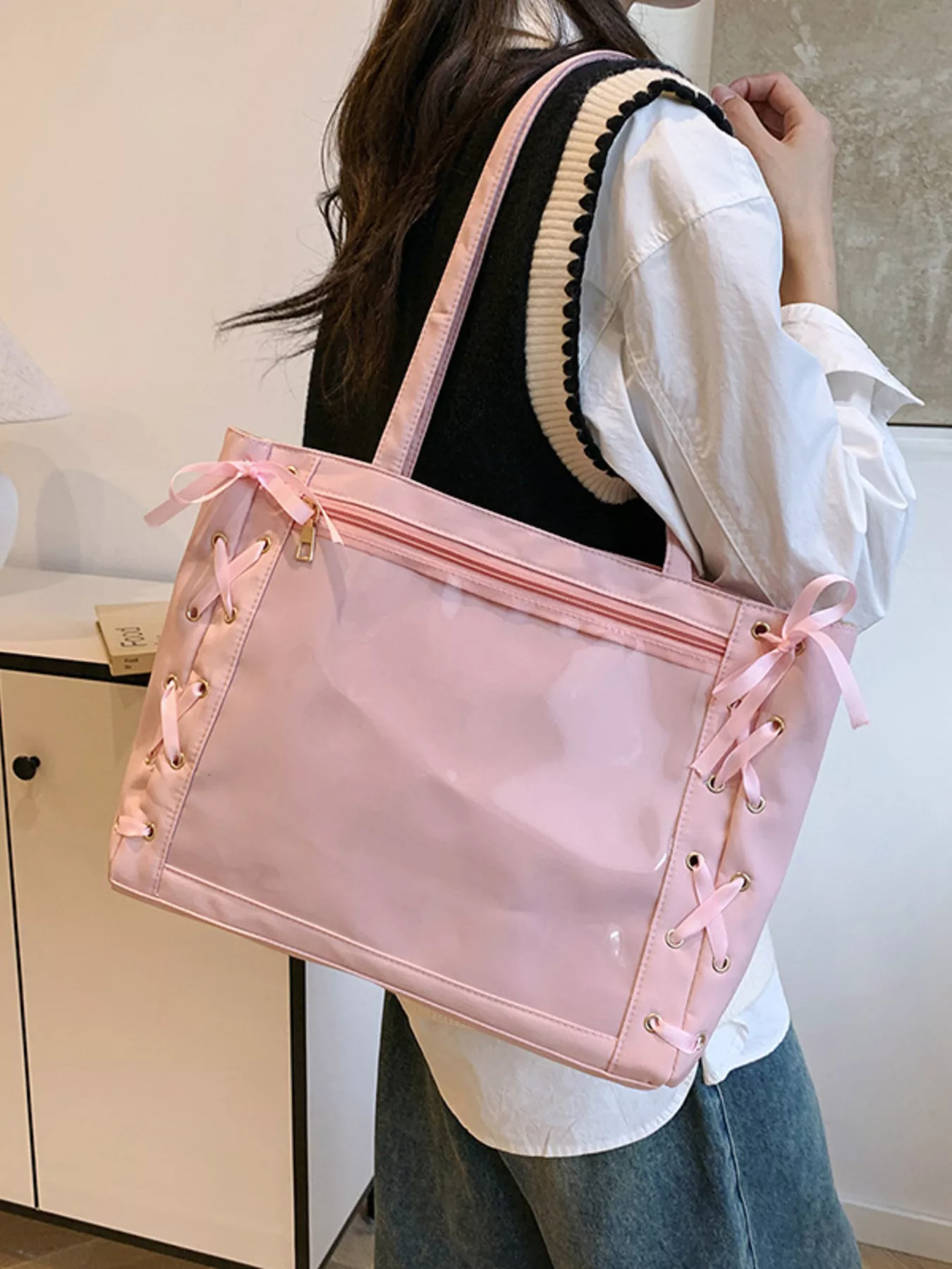 Lace-Up Trim Clear Panel Shoulder Bag - Image 4