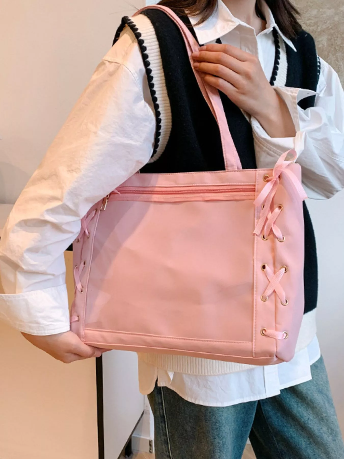 Lace-Up Trim Clear Panel Shoulder Bag - Image 5