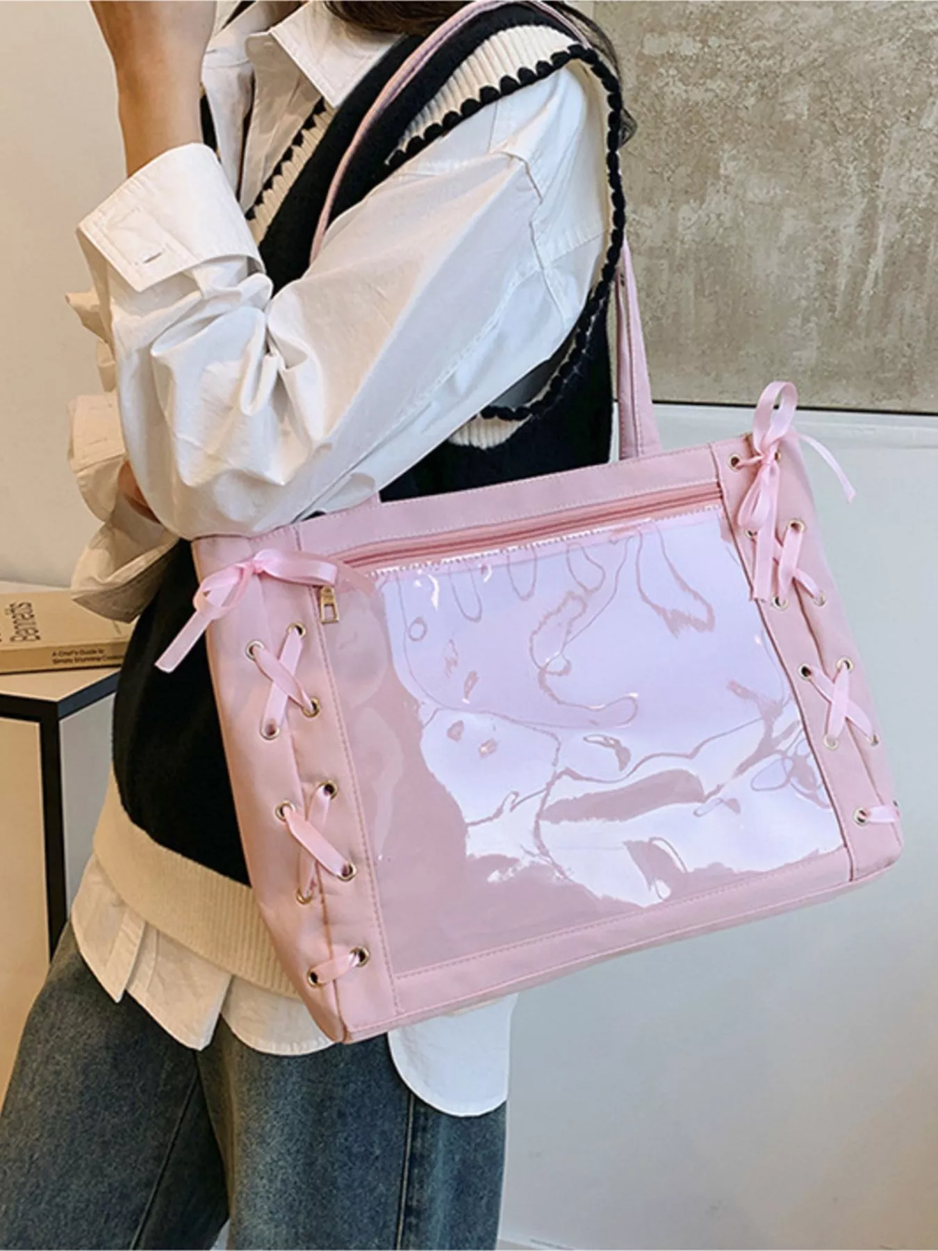 Lace-Up Trim Clear Panel Shoulder Bag - Image 6