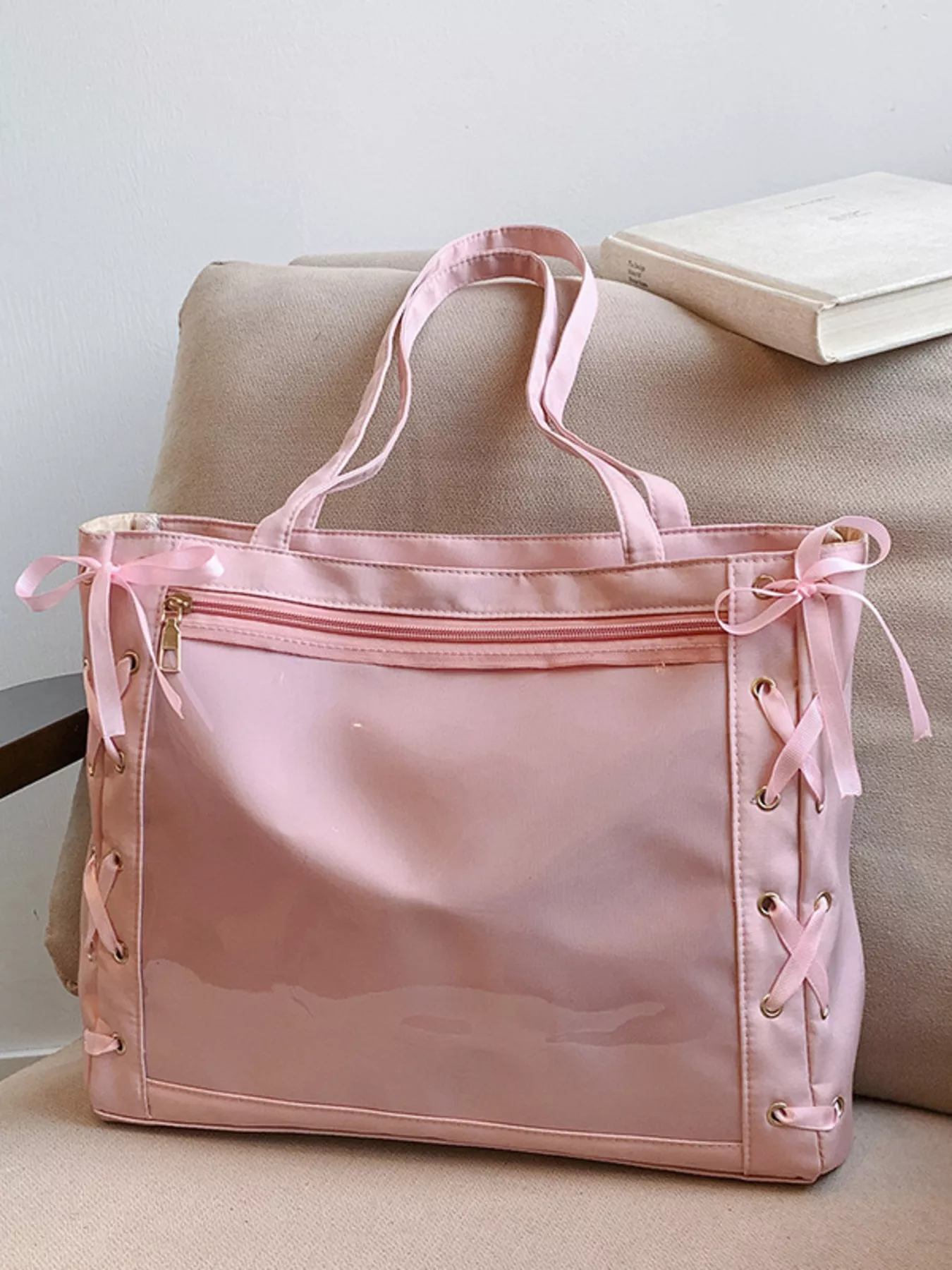 Lace-Up Trim Clear Panel Shoulder Bag - Image 7