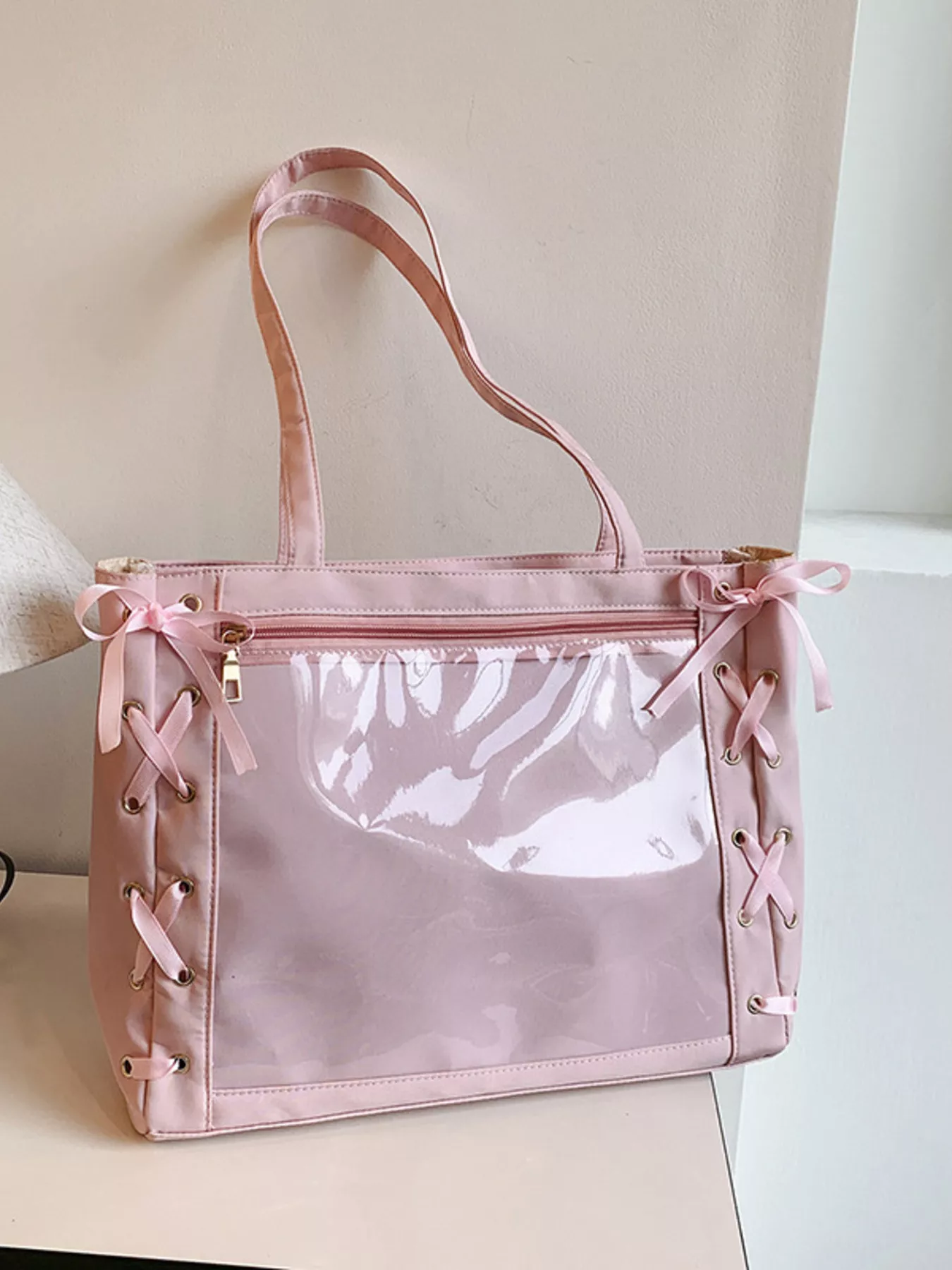 Lace-Up Trim Clear Panel Shoulder Bag - Image 8