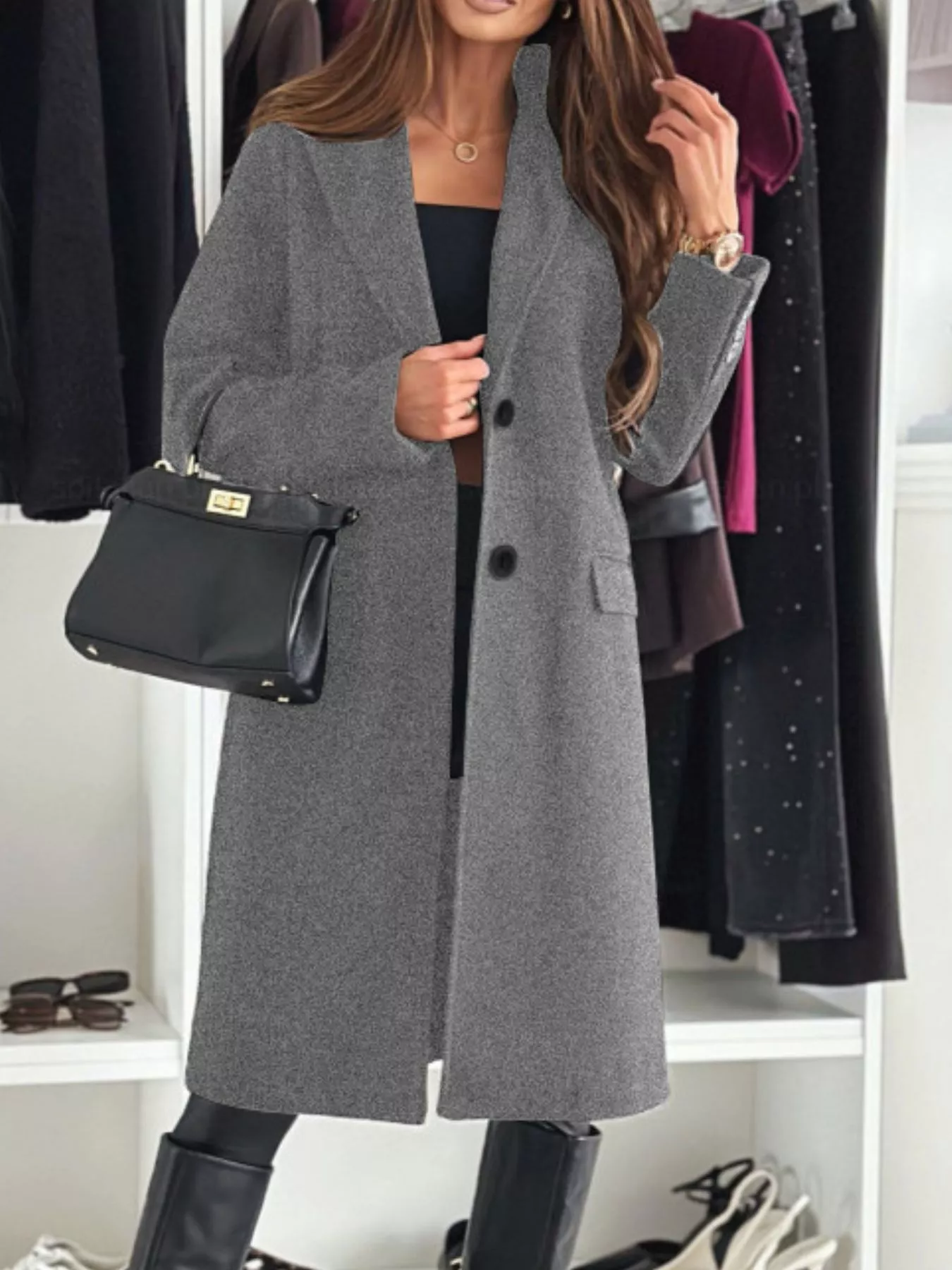 Lapel Collar Long Sleeve Coat - Image 11