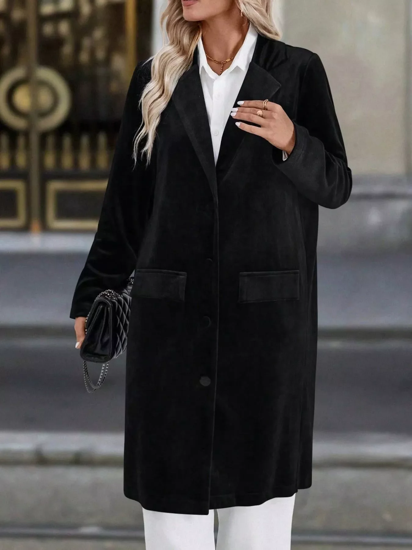 Lapel Collar Long Sleeve Longline Coat - Image 10