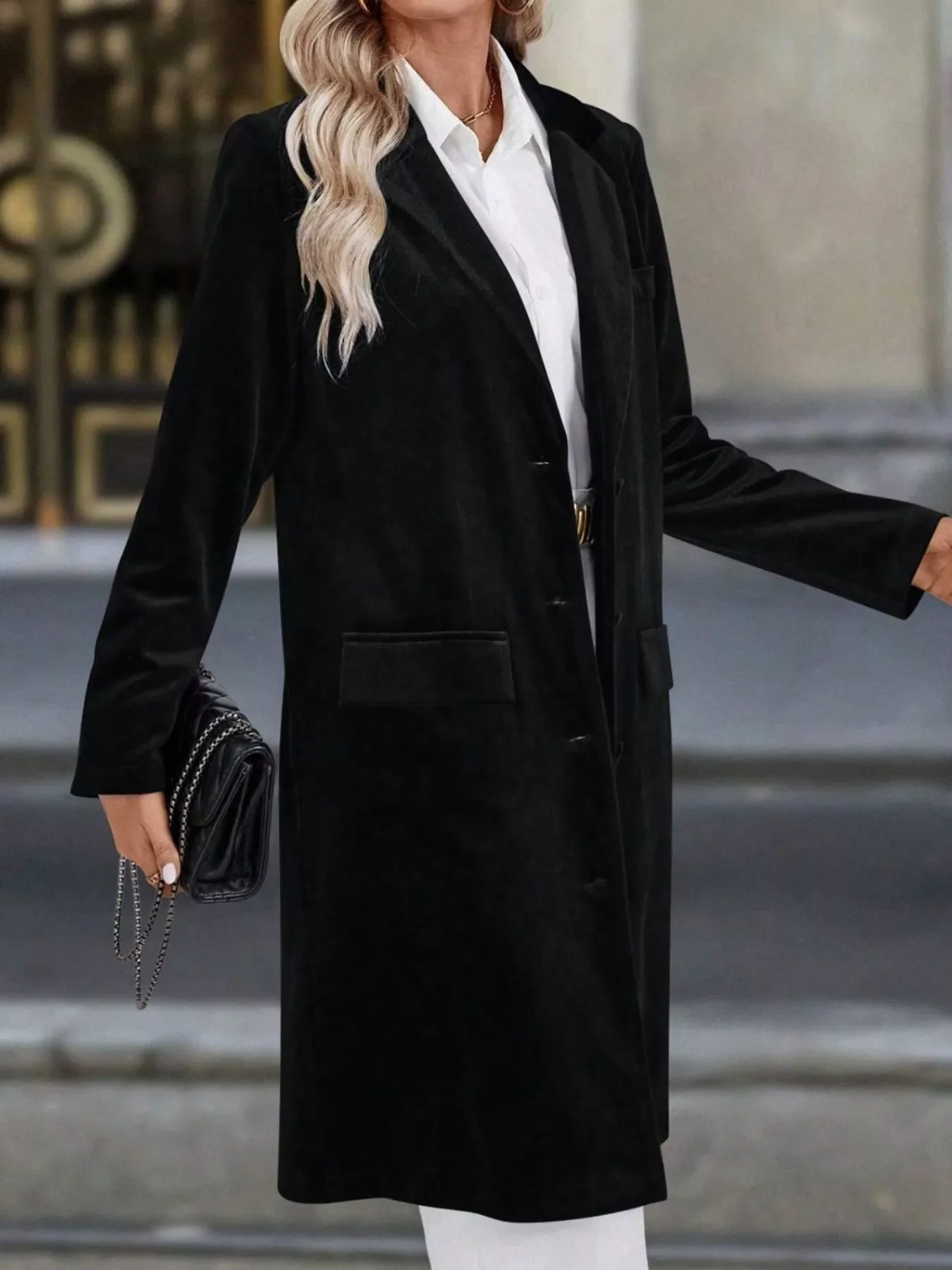 Lapel Collar Long Sleeve Longline Coat - Image 11