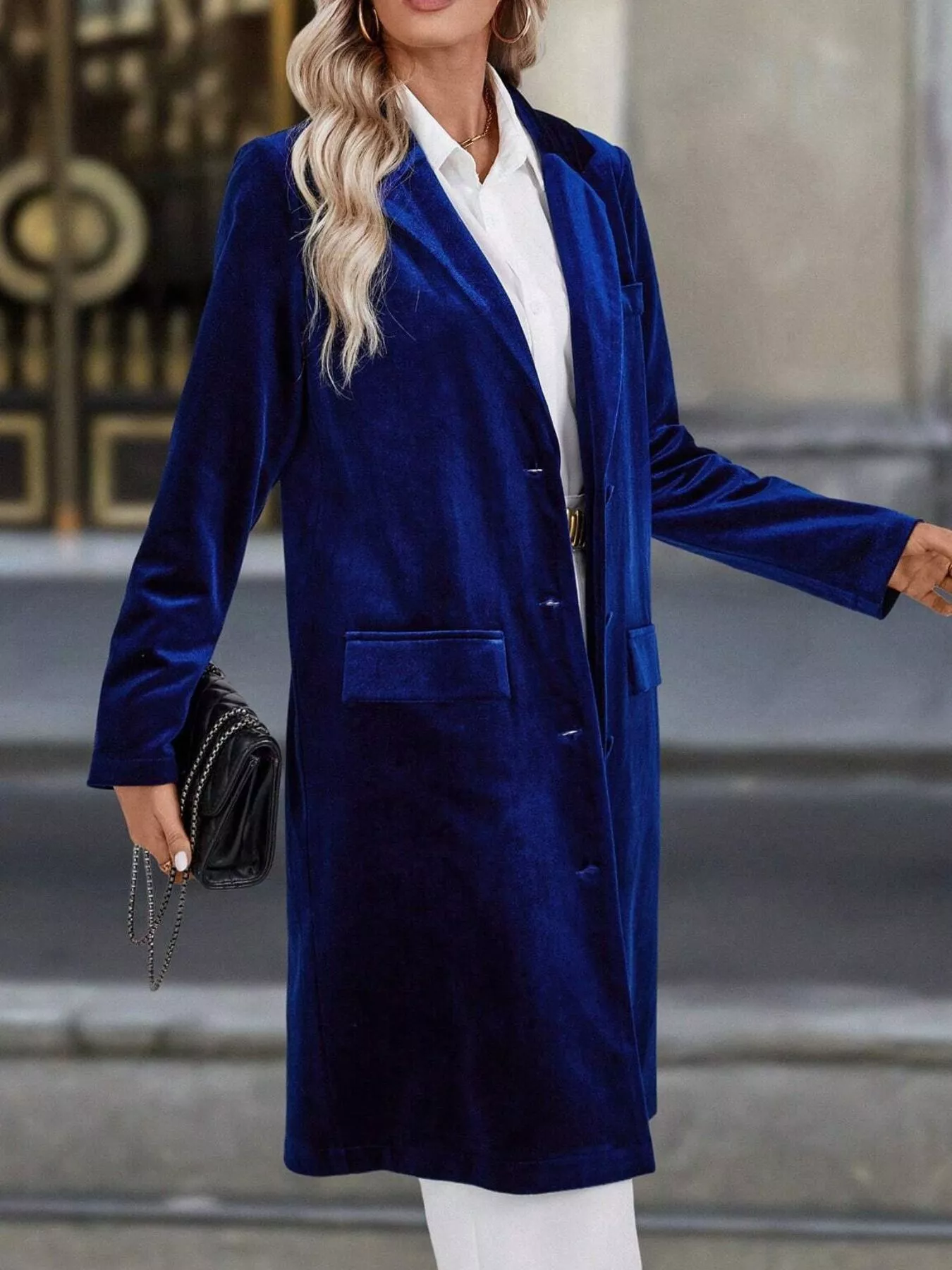 Lapel Collar Long Sleeve Longline Coat - Image 15
