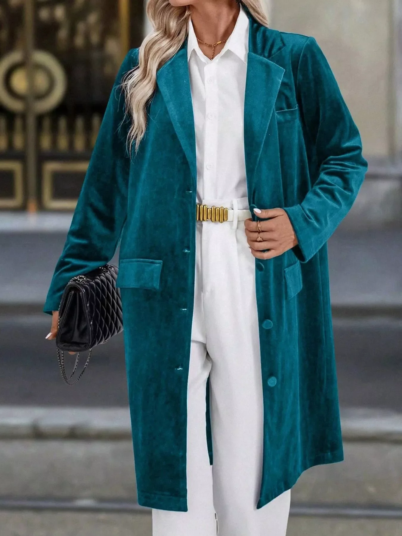 Lapel Collar Long Sleeve Longline Coat - Image 3