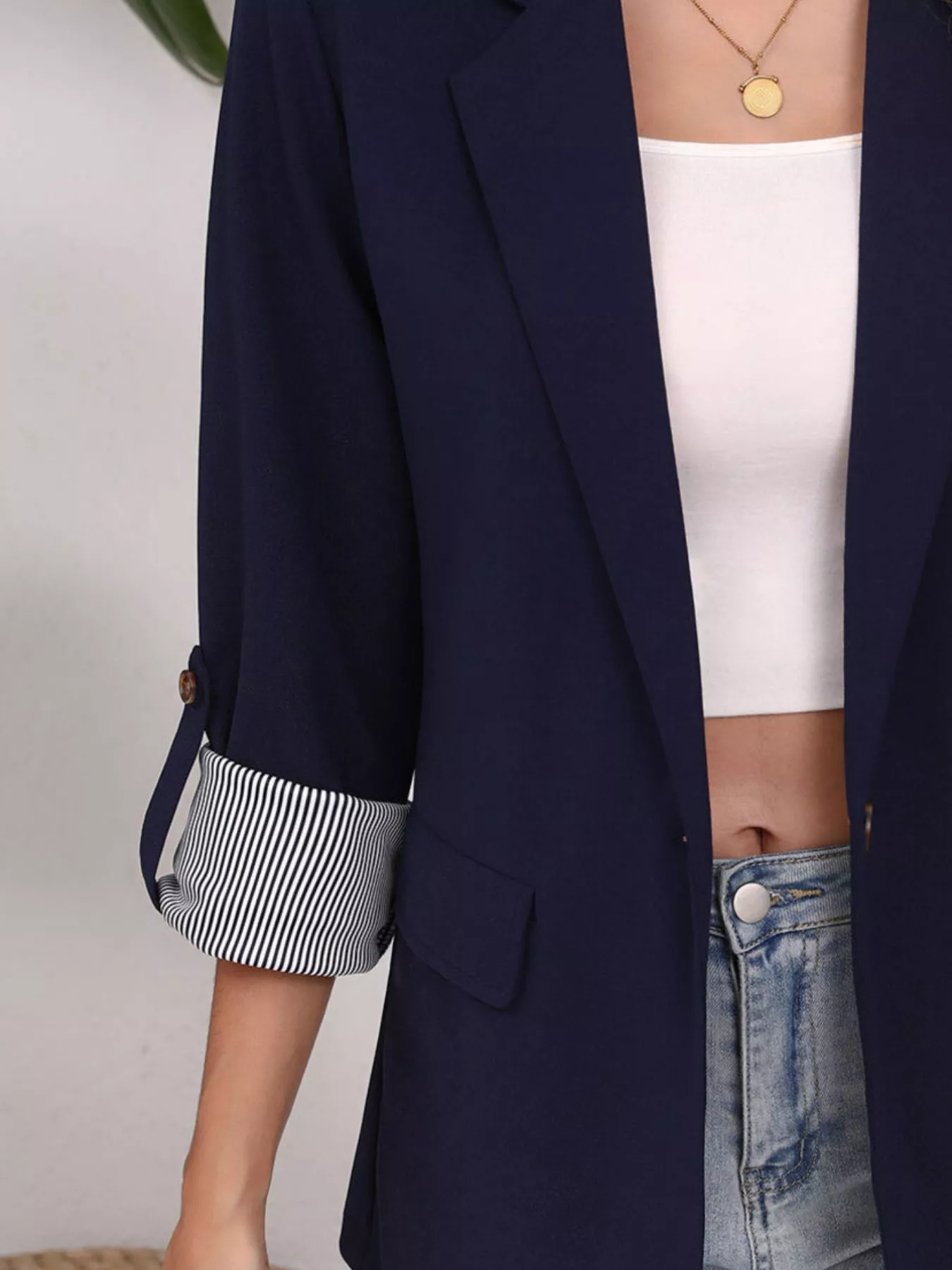 Lapel Collar Roll-Up Sleeve Blazer - Image 6