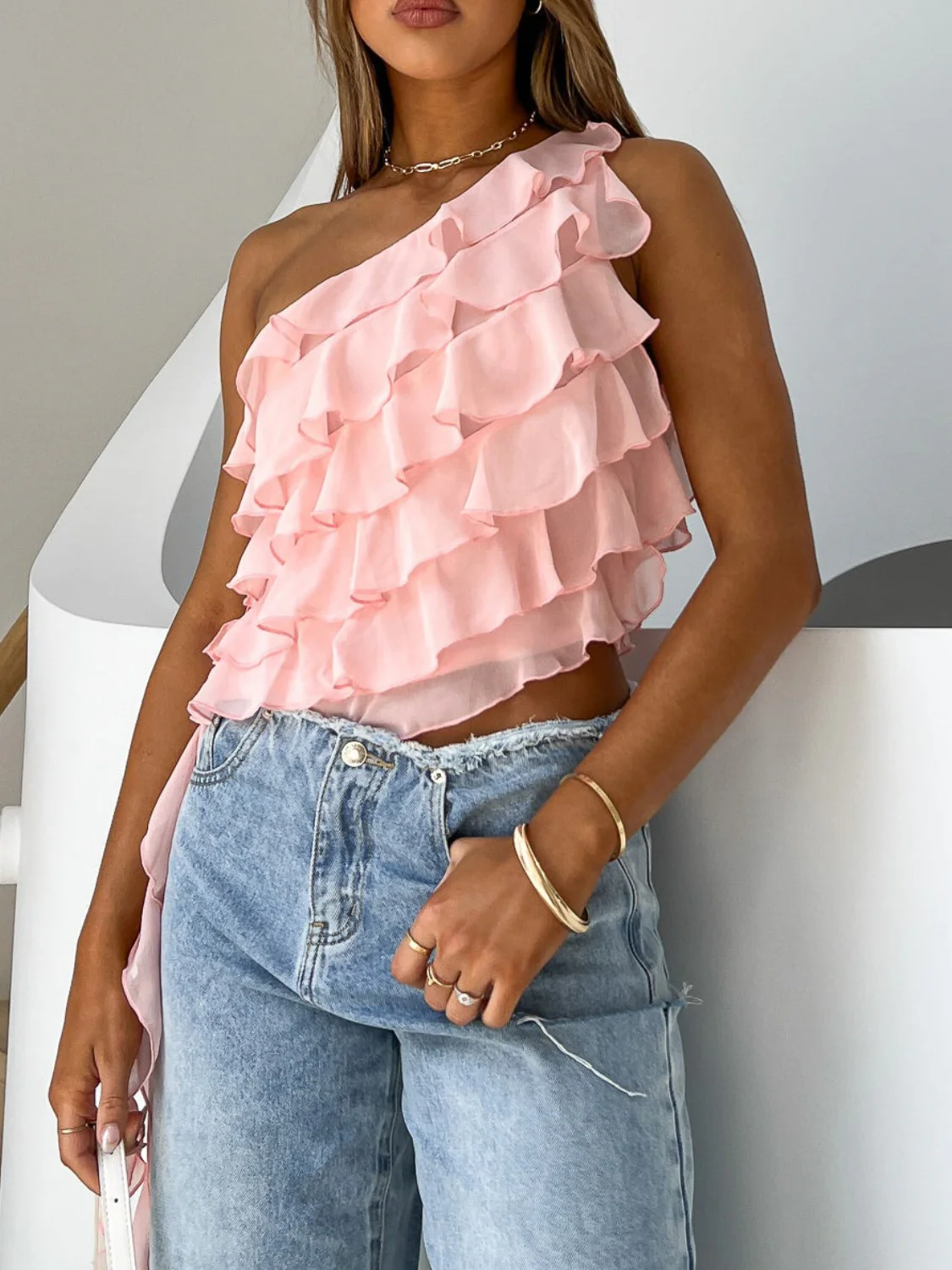 Layered Ruffled One Shoulder Tank - Image 5