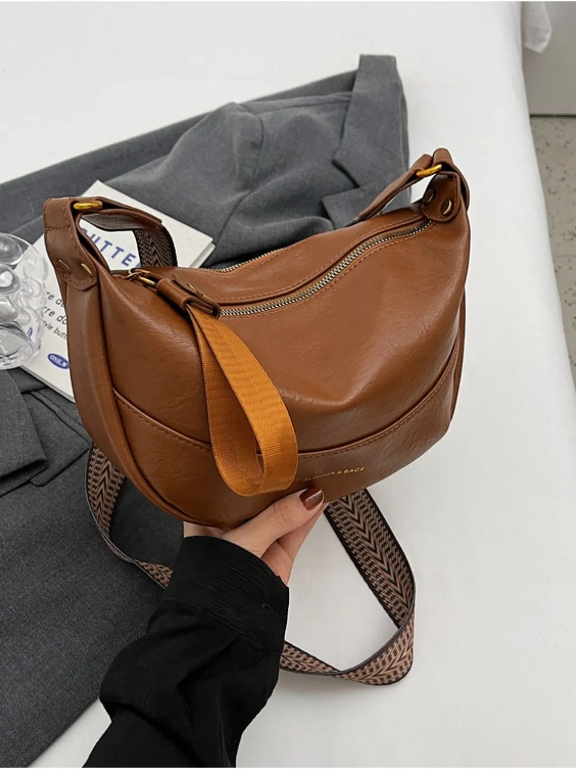 Leather Shoulder Bag with Woven Strap - Image 5