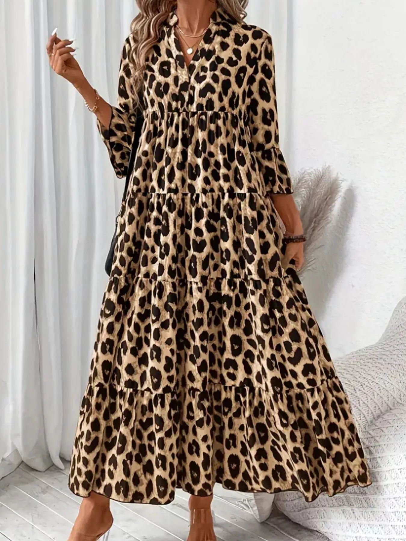 Leopard 3/4 Sleeve Midi Dress - Image 3