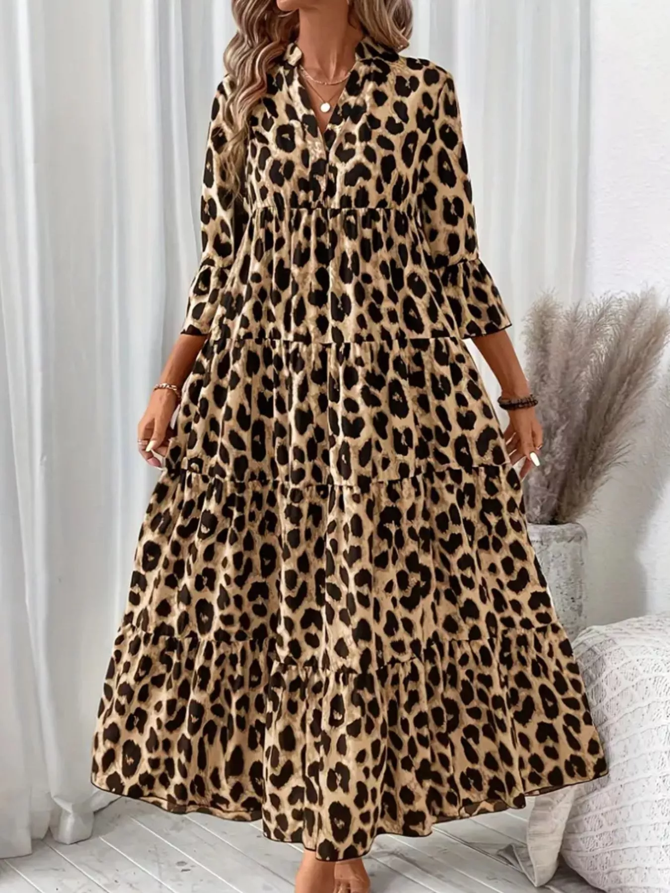 Leopard 3/4 Sleeve Midi Dress - Image 4