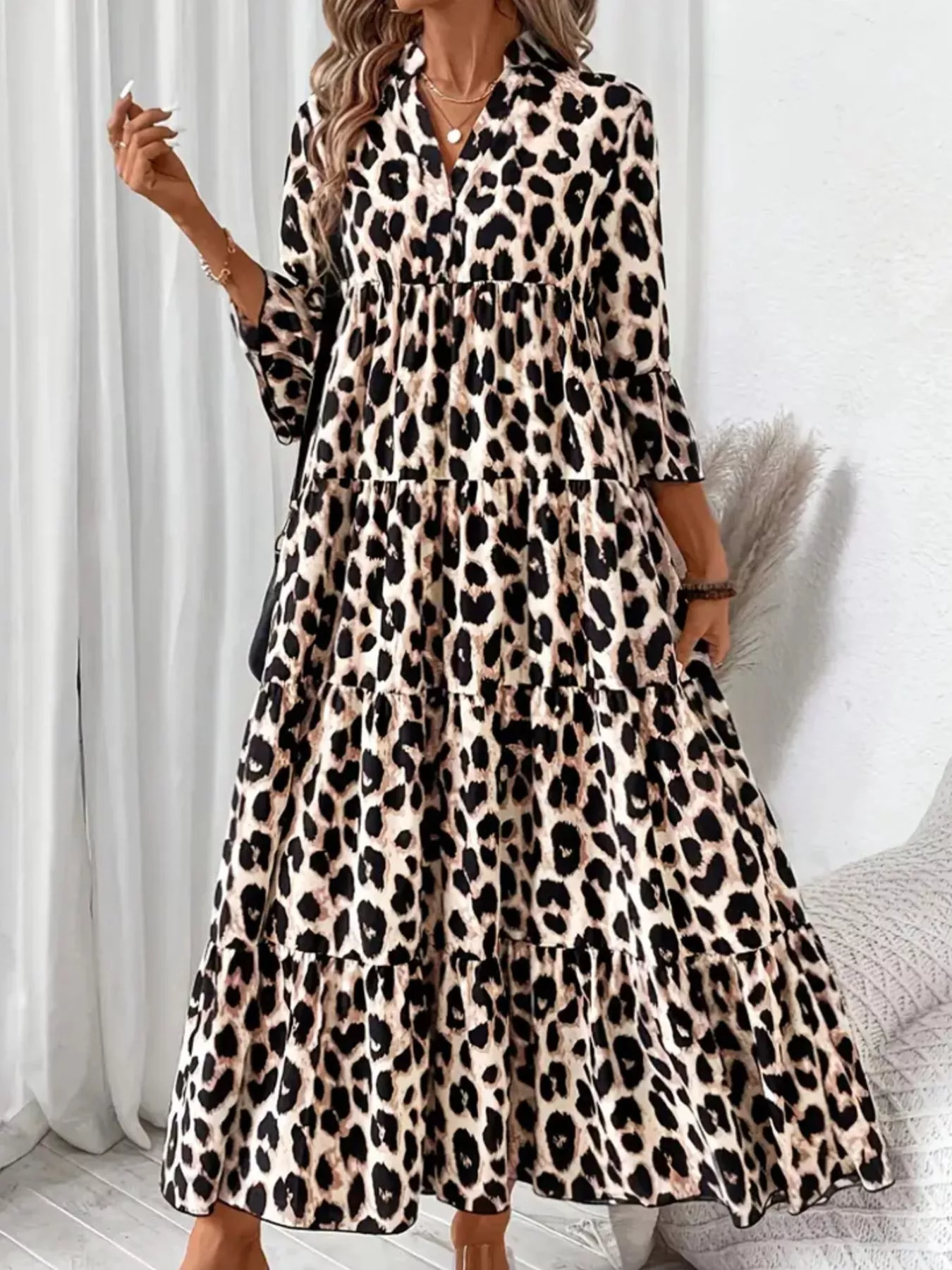 Leopard 3/4 Sleeve Midi Dress - Image 6