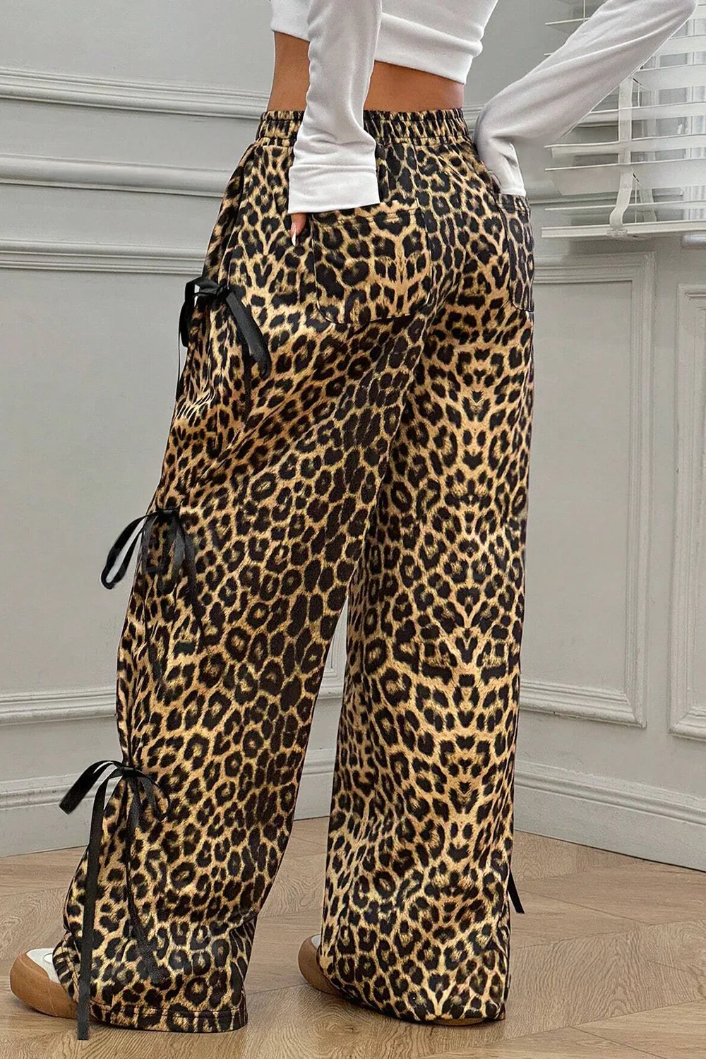 Leopard Bow Tie Elastic Waist Pants - Image 2