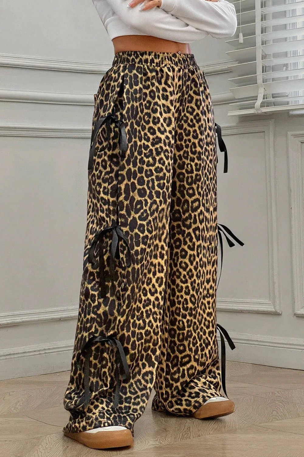 Leopard Bow Tie Elastic Waist Pants - Image 3