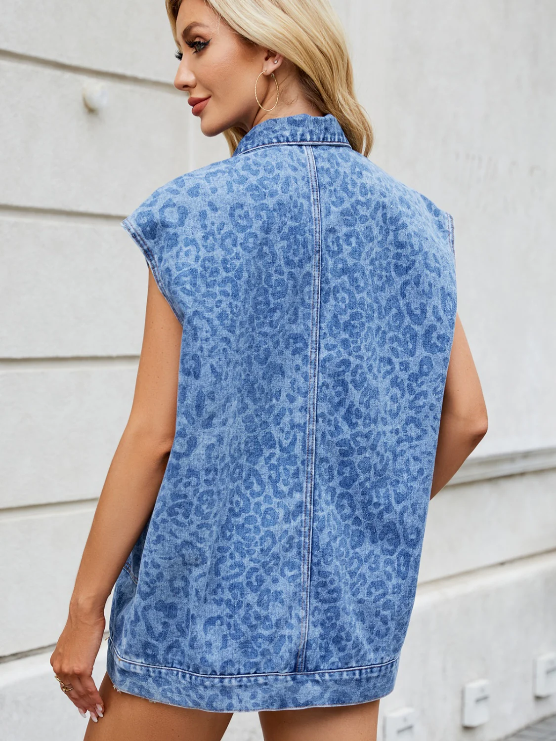 Leopard Button Up Cap Sleeve Denim Jacket - Image 3
