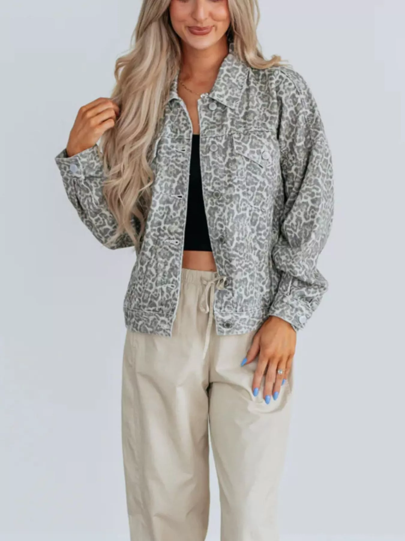 Leopard Button Up Denim Jacket - Image 5