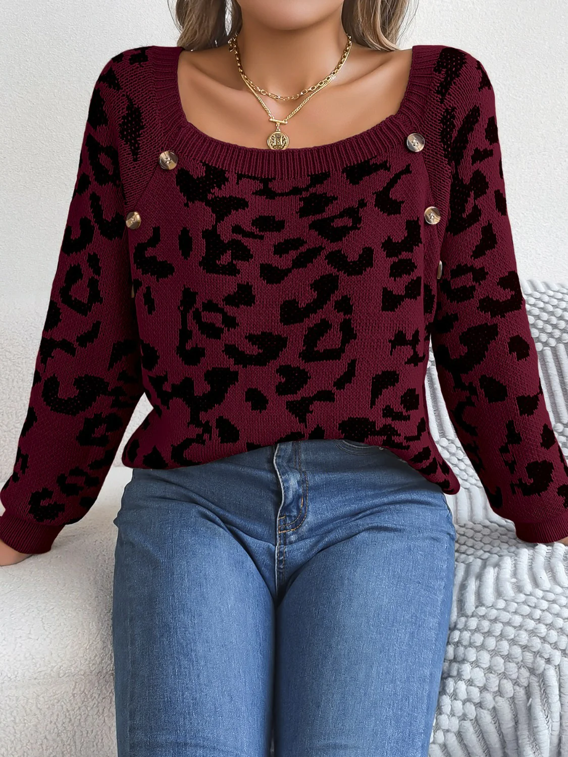 Leopard Buttoned Square Neck Sweater - Image 10