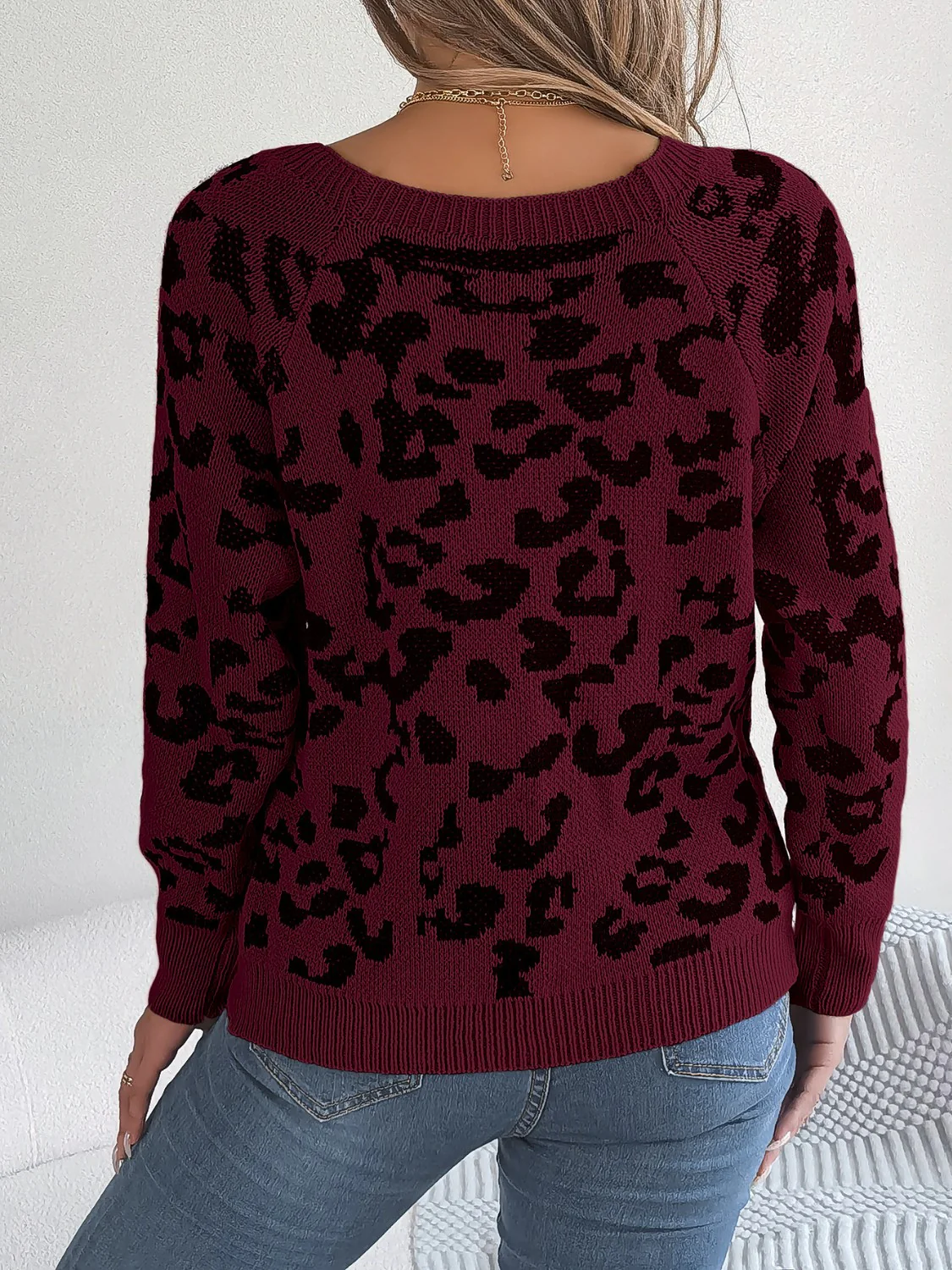 Leopard Buttoned Square Neck Sweater - Image 11