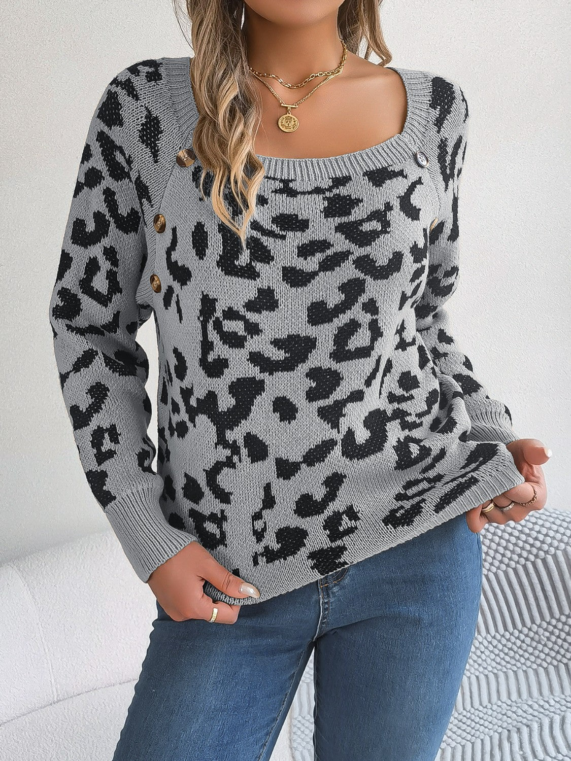 Leopard Buttoned Square Neck Sweater - Image 13