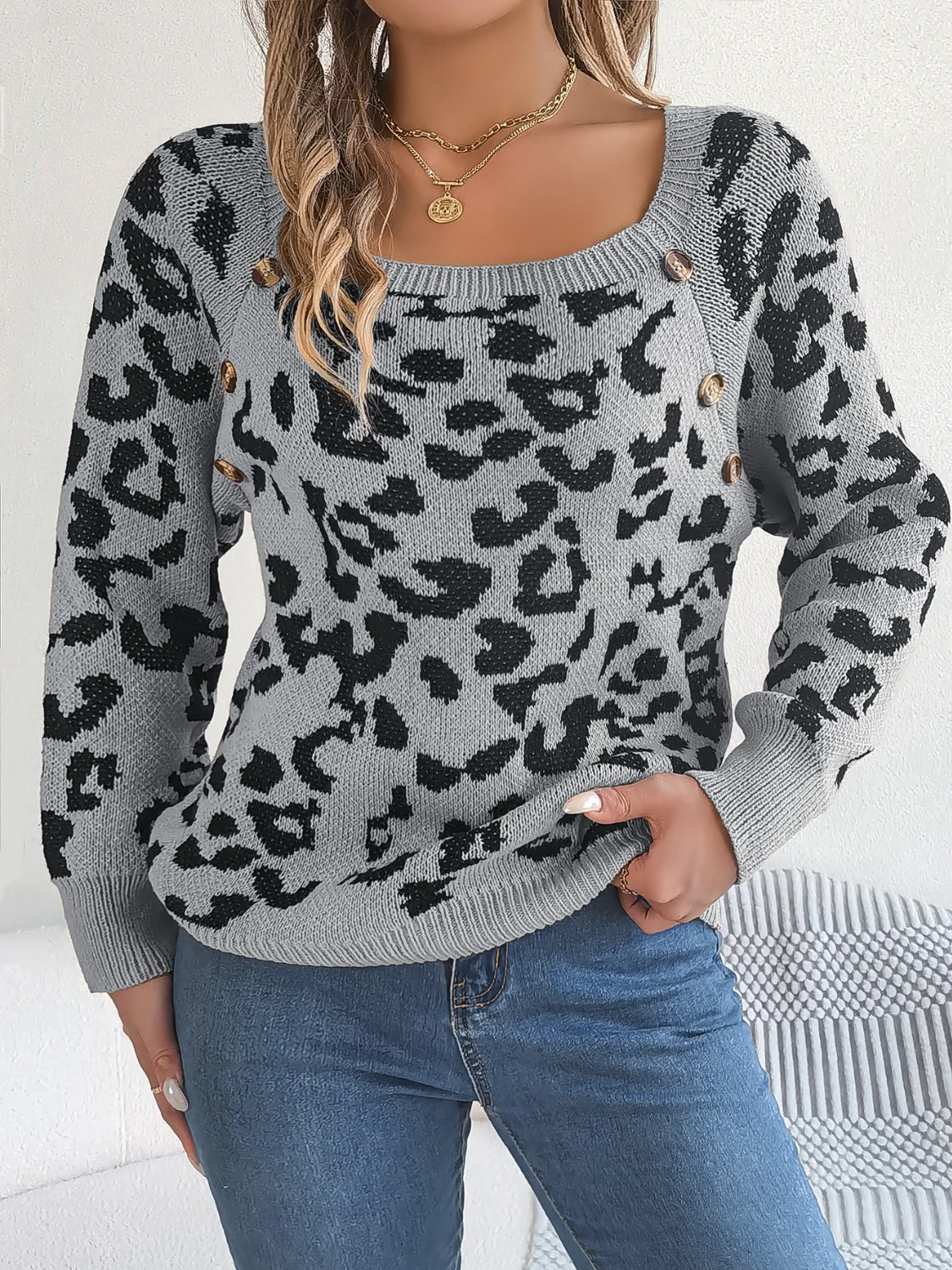 Leopard Buttoned Square Neck Sweater - Image 14